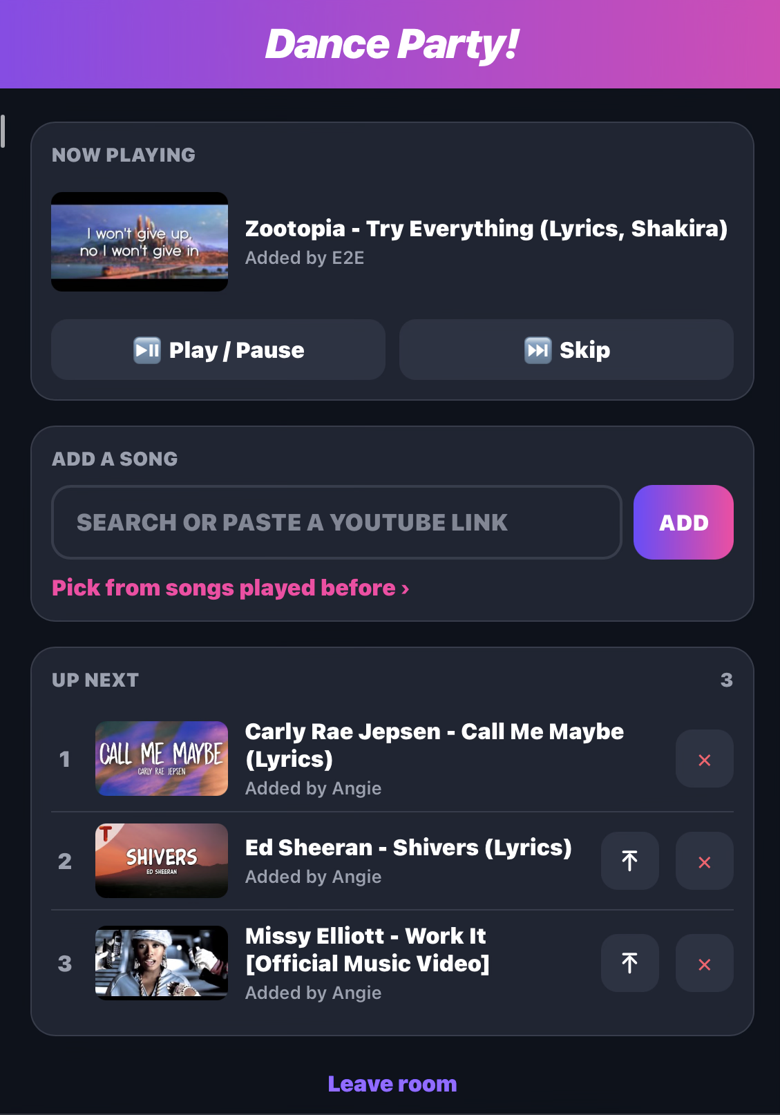 Admin view with play, pause, skip, promote and remove