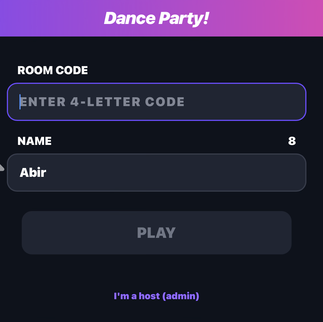 Join screen with room code and name fields