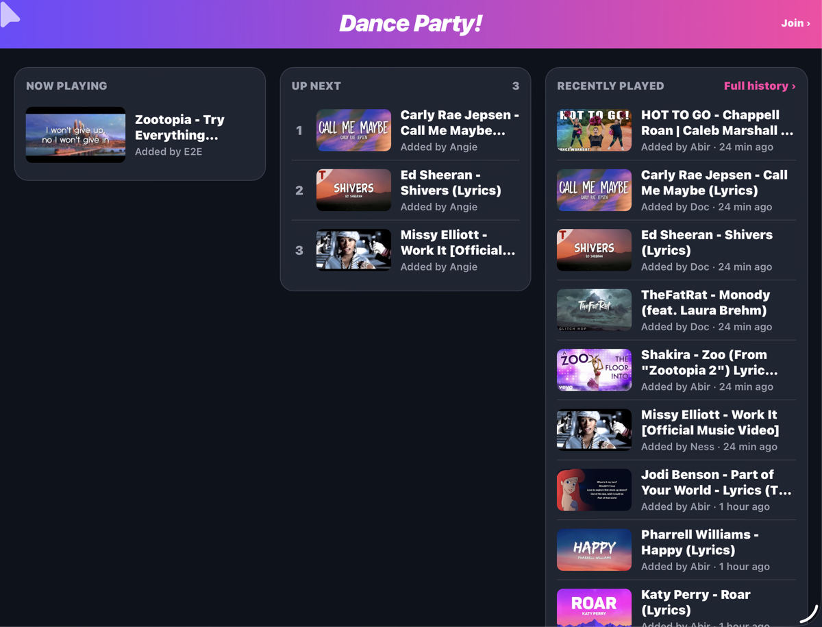 Queue board with now playing, up next and recently played columns