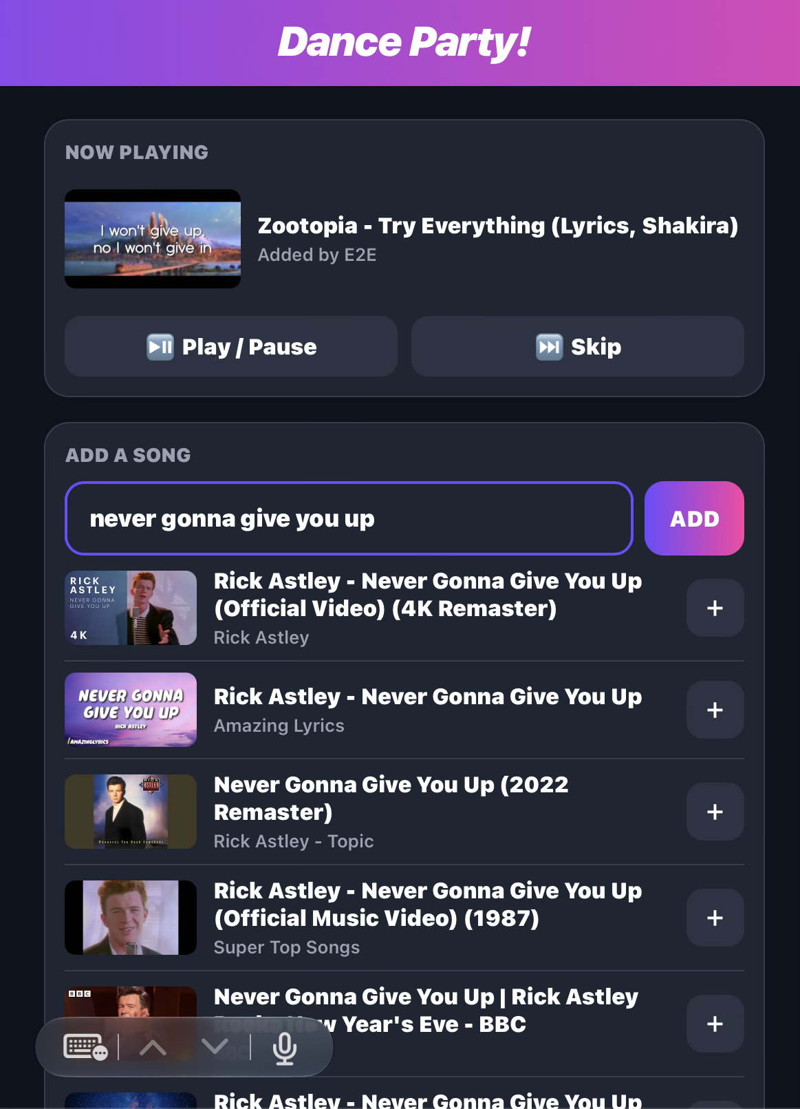 Search results for a song with add buttons